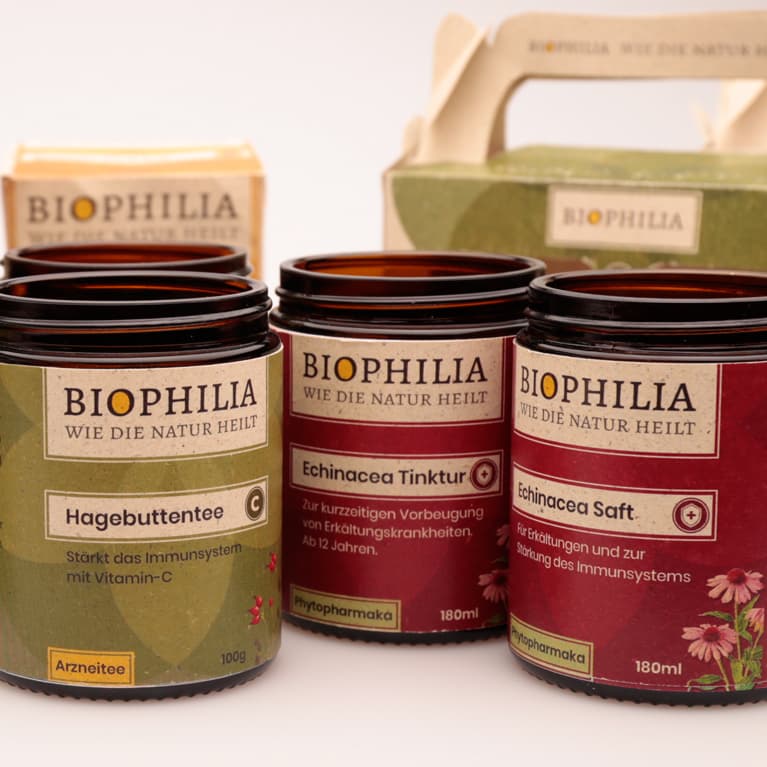 Packaging des fiktiven Unternehmens Biophilia